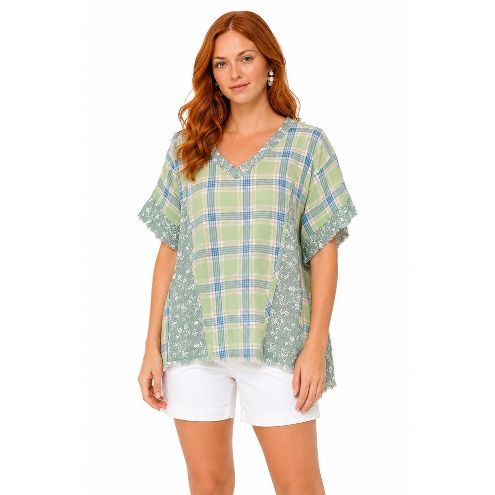 New GIGIO Size L 12 14 Green Blue Plaid Floral Oversized Cotton V Neck Top